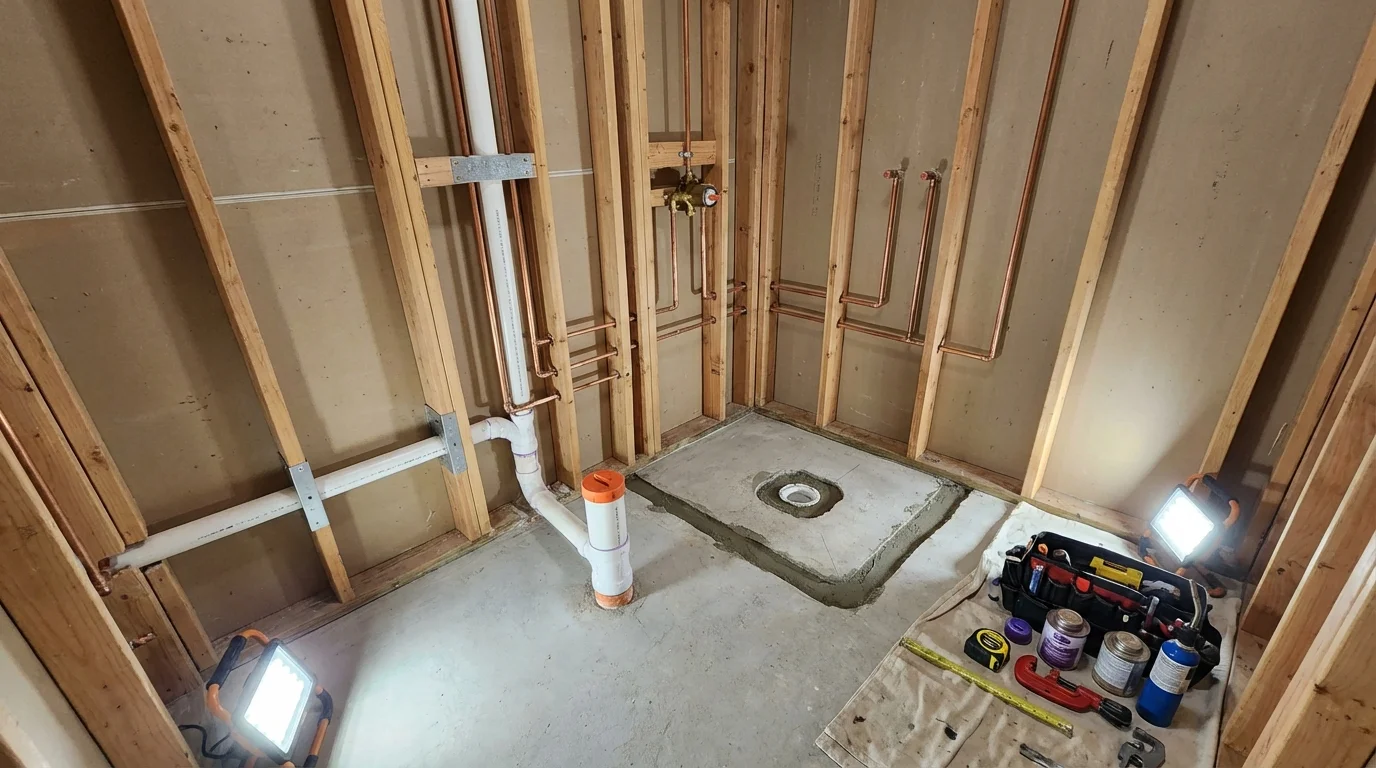 Bathroom rough-in plumbing during remodel by Johns Plumbing LLC in Point of Rocks