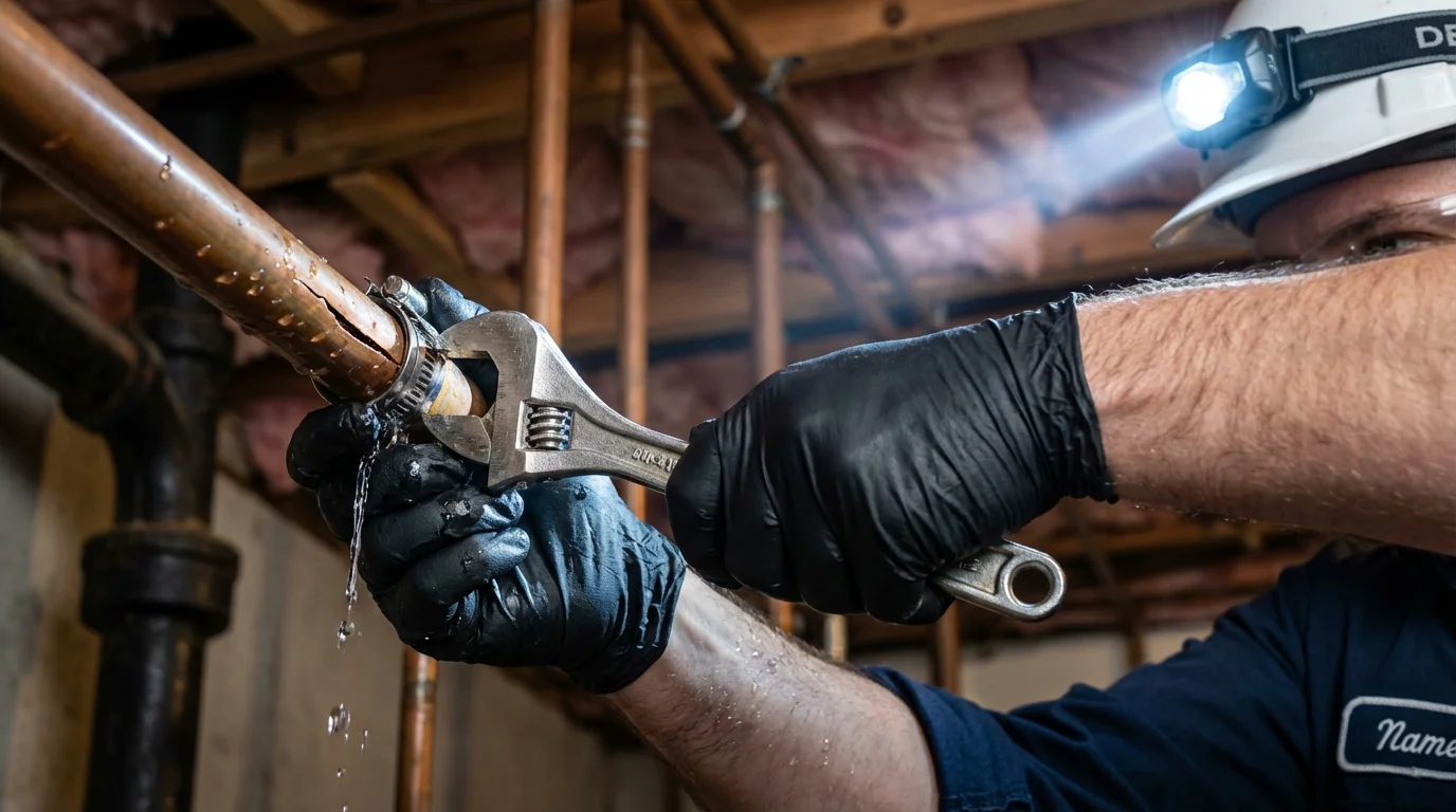 Emergency pipe clamp repair being performed by a Johns Plumbing LLC plumber in Point of Rocks