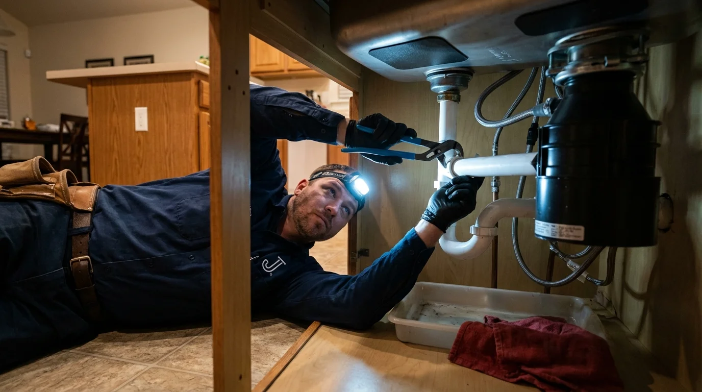 P-trap and supply line connections under a kitchen sink showing a common leak point in Point of Rocks, MD